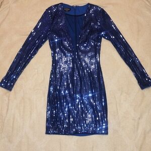 bebe Royal Blue Sequin Long-Sleeve V-Neck Dress